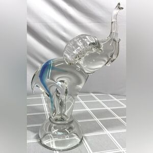 Vtg Art Glass Elephant Trunks Up Clear & Blue On Half Ball Base 5# Figure Statue